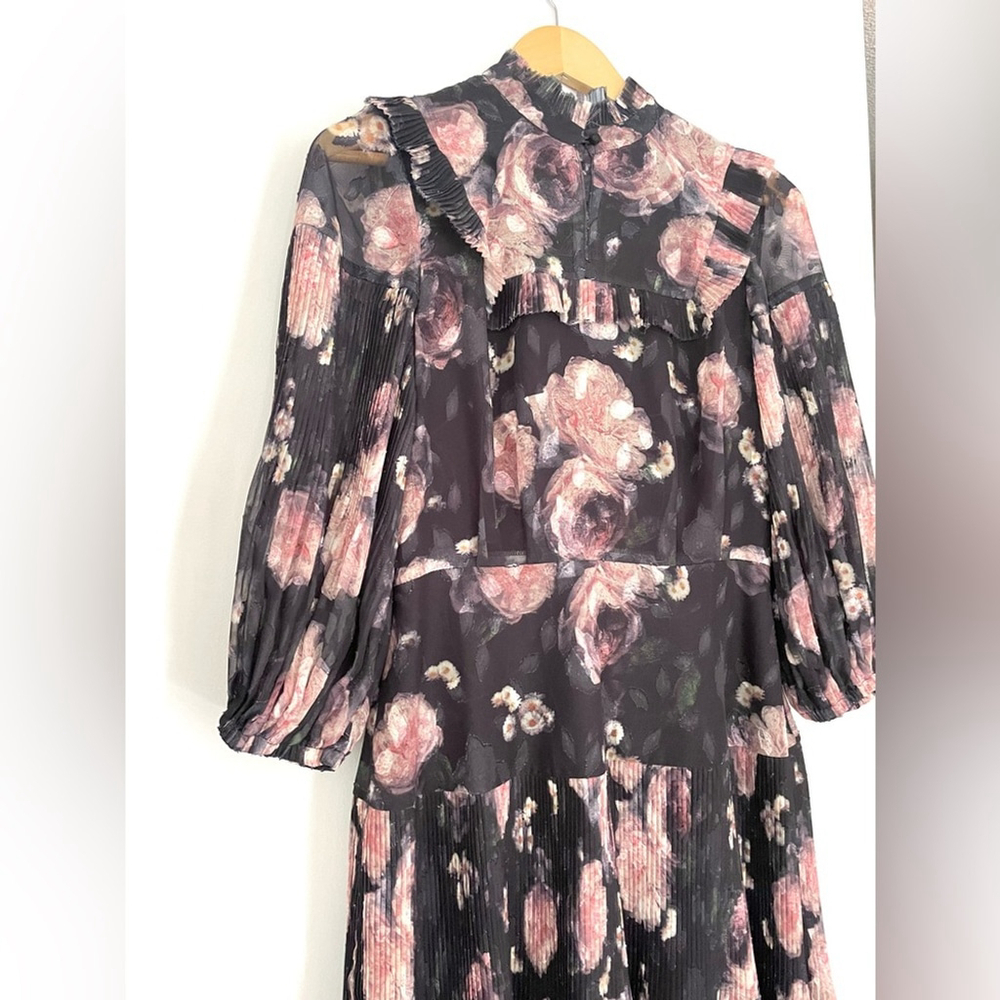 nora noh Floral Black Dress midi pleated long sleeve - Picture 7 of 11